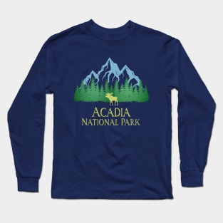 Acadia National Park Maine Mountain Trees Silhouette Moose Long Sleeve T-Shirt